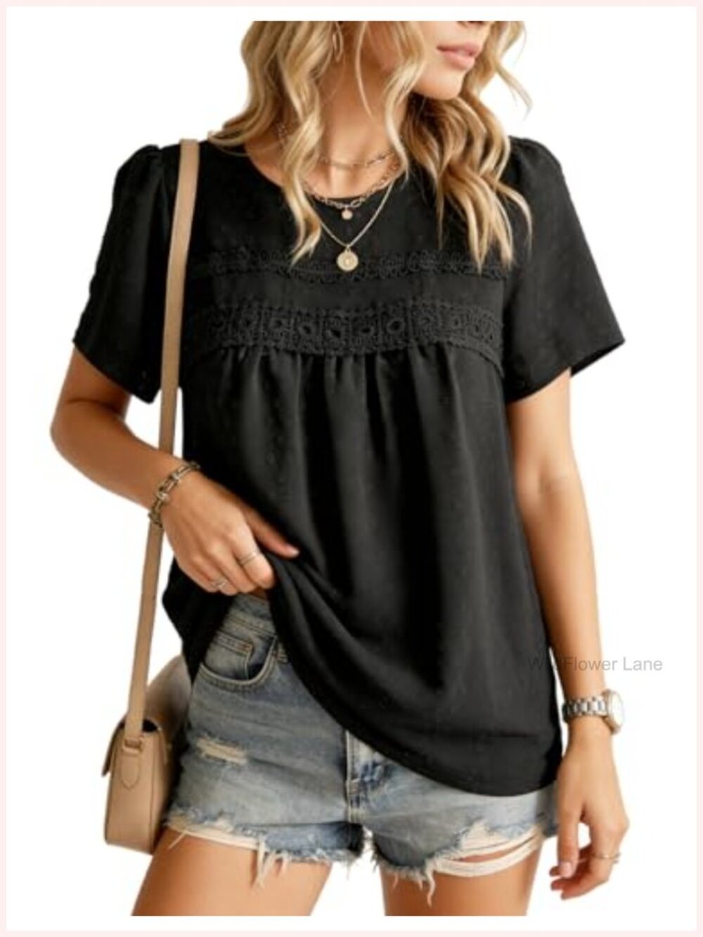 Boho Peasant Blouse Lace Trim Swiss Dots Crew Neck Puff Sleeve Top